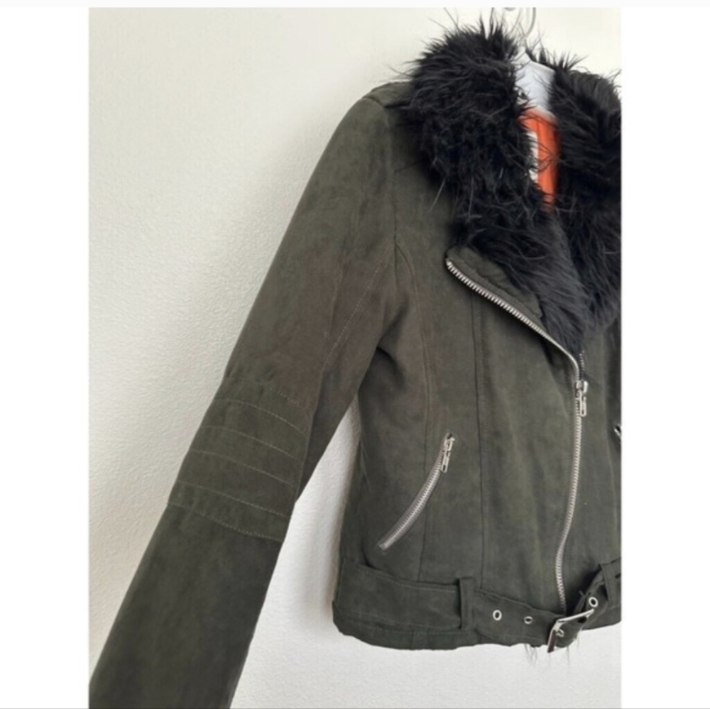 UNIF Berlin Fur Trim Amelia Bomber Jacket Suede Green Zip Orange Lined XS - Picture 5 of 8